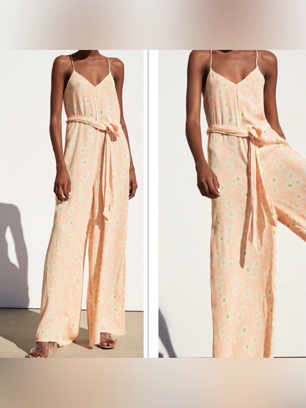 Zara Peach Floral Spaghetti-Strap Jumpsuit with Tie Waist Size Small